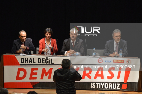 Turkey's main anti-government labour unions hold a joint press conference against the state of emergency with the slogan 'We do not want the...