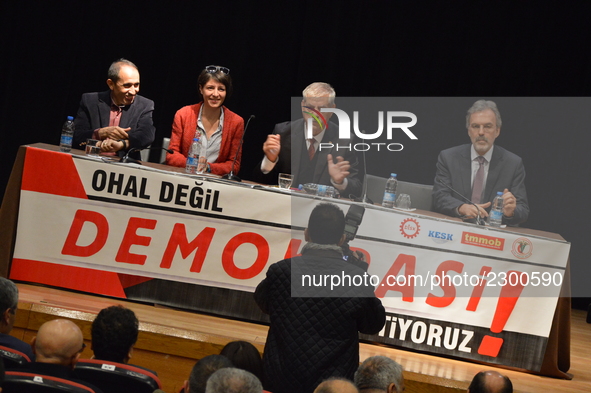 Turkey's main anti-government labour unions hold a joint press conference against the state of emergency with the slogan 'We do not want the...