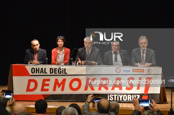 Turkey's main anti-government labour unions hold a joint press conference against the state of emergency with the slogan 'We do not want the...