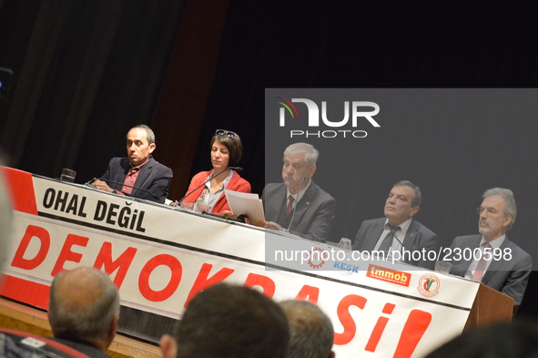 Turkey's main anti-government labour unions hold a joint press conference against the state of emergency with the slogan 'We do not want the...