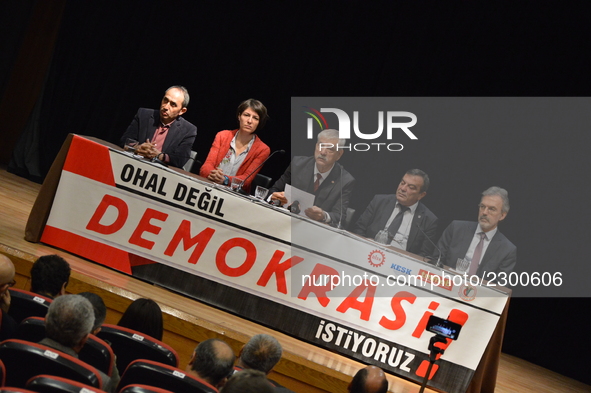 Turkey's main anti-government labour unions hold a joint press conference against the state of emergency with the slogan 'We do not want the...