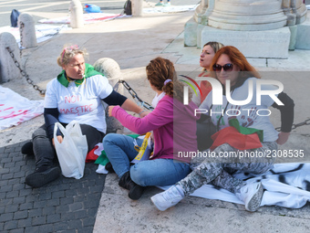 Teachers of the early childhood sector in Roma, protest at the piazza del campidoglio by chained up at the Marc aurel statue  against labour...