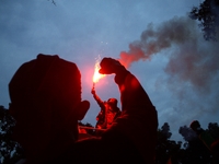 Thousands of workers surrounded the Jakarta Governor's office during a demonstration against the 2018 Regional Minimum Wage (UMP) award at J...