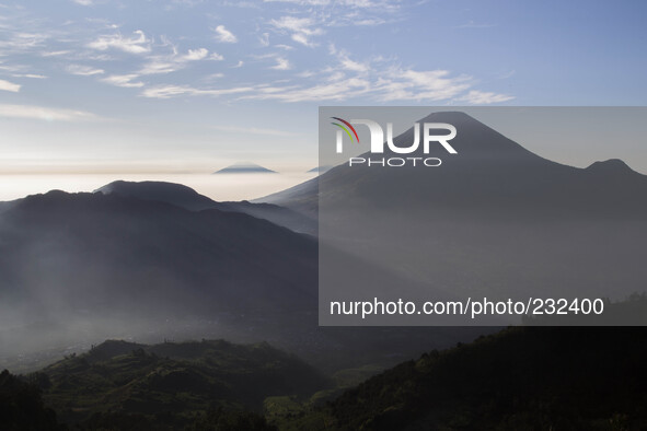 Mount Sindoro View from Sikunir Mountain at Dieng. Dieng plateau in Central Java, is part of the district of Banjarnegara and Wonosobo regen...