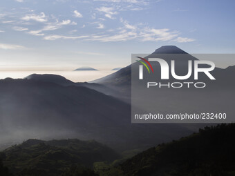 Mount Sindoro View from Sikunir Mountain at Dieng. Dieng plateau in Central Java, is part of the district of Banjarnegara and Wonosobo regen...