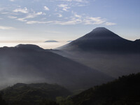 Mount Sindoro View from Sikunir Mountain at Dieng. Dieng plateau in Central Java, is part of the district of Banjarnegara and Wonosobo regen...