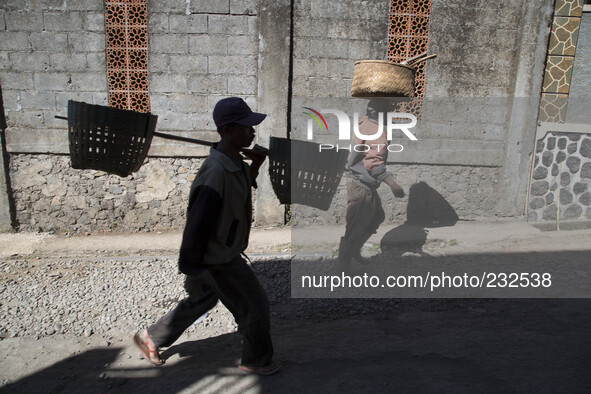 Farmers on their way to their potatoes farm at Dieng. Dieng plateau in Central Java, is part of the district of Banjarnegara and Wonosobo re...