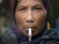 Traditional Dieng woman with her dieng tobacco production. Dieng plateau in Central Java, is part of the district of Banjarnegara and Wonoso...