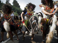 Gimbal Dancer (people with long hair in curly) dance during the villagers karnaval at Dieng. Dieng plateau in Central Java, is part of the d...