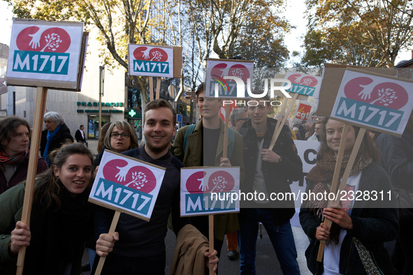 Militants of the Benoi Hamon left party called 'M1717' during the protest. More than 4000 protesters took to the streets of Toulouse against...