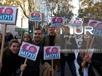 Militants of the Benoi Hamon left party called 'M1717' during the protest. More than 4000 protesters took to the streets of Toulouse against...