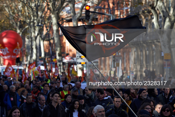 An anarchist flag during the protest. More than 4000 protesters took to the streets of Toulouse against the new Macron's reforms on the Work...