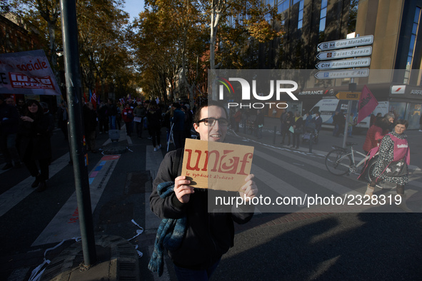 A student holds a placrd for the students' union, UNEF. More than 4000 protesters took to the streets of Toulouse against the new Macron's r...