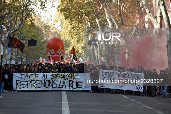 Protesters hold a banner reading 'Against Liberalism, Let's take us the streets'. More than 4000 protesters took to the streets of Toulouse...