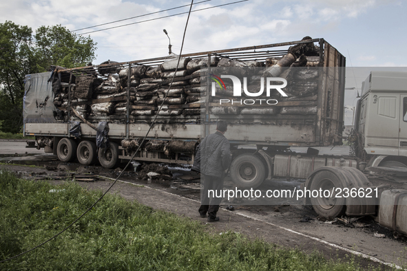 A truck hit by Ukrainian artillery 