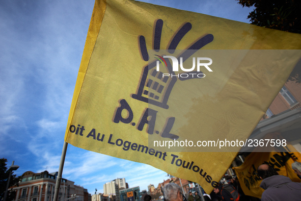 A flag of the NGO D.A.L (Right to Housing'. As Macron's government reduce personnal housing allowance of 5€ (per month) since October and pl...