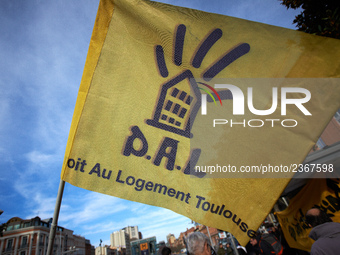 A flag of the NGO D.A.L (Right to Housing'. As Macron's government reduce personnal housing allowance of 5€ (per month) since October and pl...