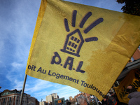 A flag of the NGO D.A.L (Right to Housing'. As Macron's government reduce personnal housing allowance of 5€ (per month) since October and pl...