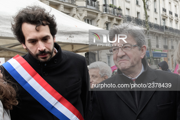 French far-left party La France Insoumise member of Parliament Jean-Luc Melenchon (R) and Bastien Lachaud (L) takes part at a emonstration o...