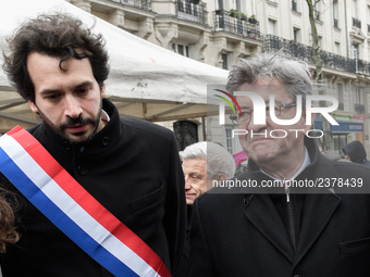 French far-left party La France Insoumise member of Parliament Jean-Luc Melenchon (R) and Bastien Lachaud (L) takes part at a emonstration o...