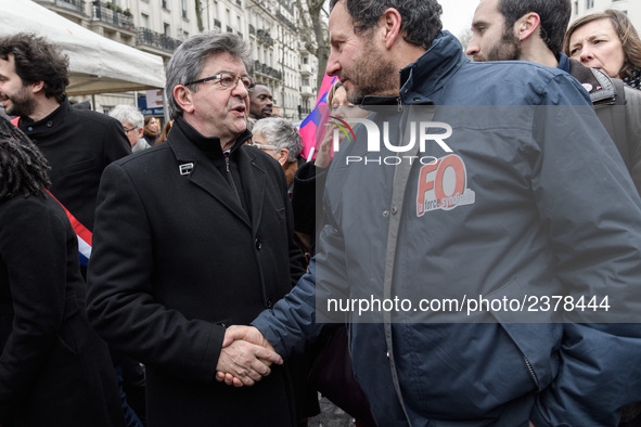 French far-left party La France Insoumise member of Parliament Jean-Luc Melenchon (L) takes part at a emonstration of labour inspectors in f...