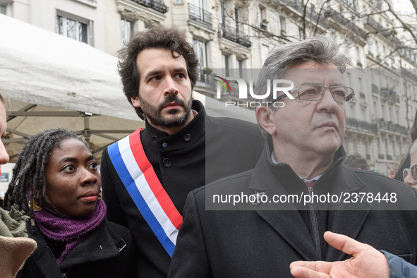 French far-left party La France Insoumise member of Parliament Jean-Luc Melenchon (R), Bastien Lachaud (C) and Daniele Obono (L)  take part...