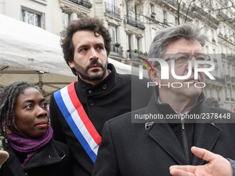 French far-left party La France Insoumise member of Parliament Jean-Luc Melenchon (R), Bastien Lachaud (C) and Daniele Obono (L)  take part...