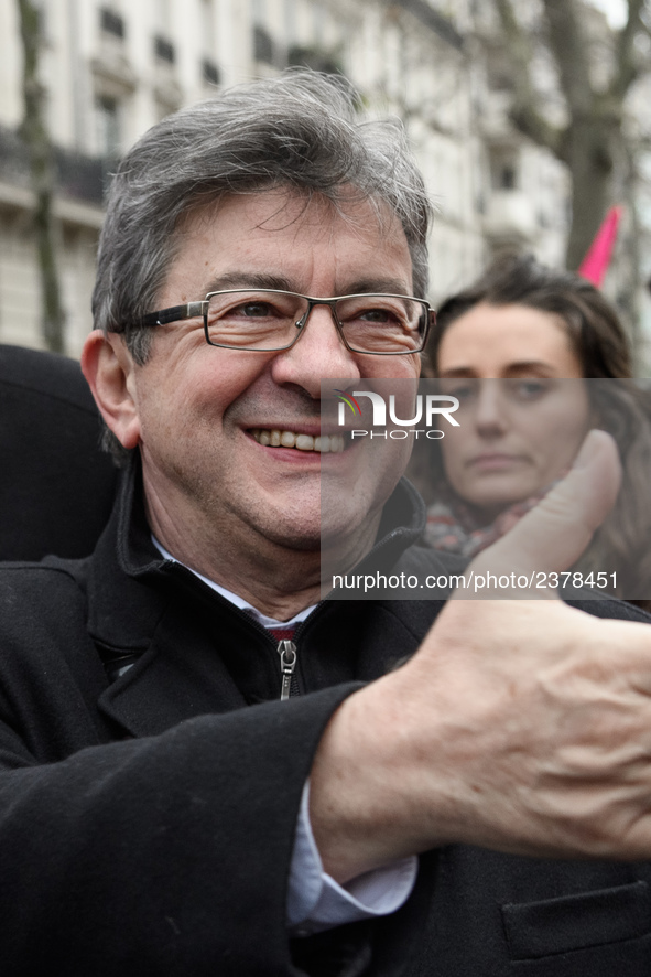 French far-left party La France Insoumise member of Parliament Jean-Luc Melenchon takes part at a emonstration of labour inspectors in front...