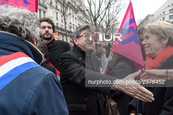 French far-left party La France Insoumise member of Parliament Jean-Luc Melenchon takes part at a emonstration of labour inspectors in front...