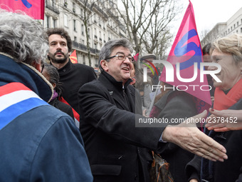 French far-left party La France Insoumise member of Parliament Jean-Luc Melenchon takes part at a emonstration of labour inspectors in front...