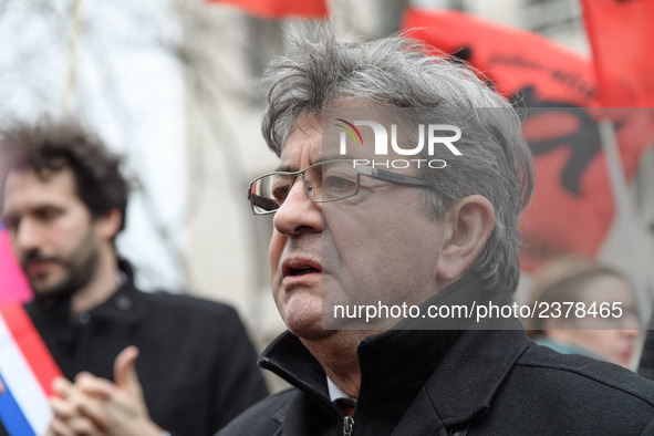 French far-left party La France Insoumise member of Parliament Jean-Luc Melenchon takes part at a emonstration of labour inspectors in front...