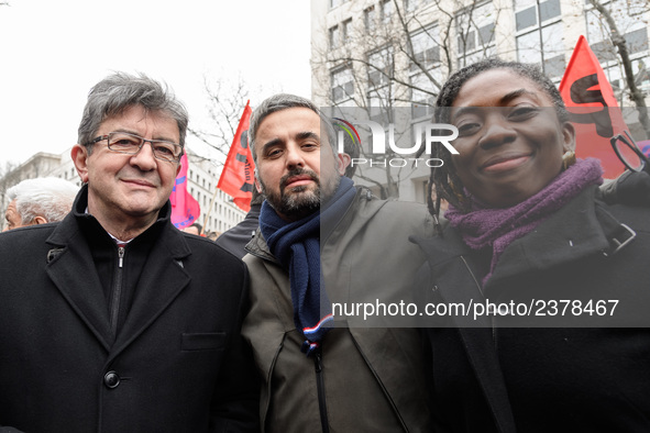 French far-left party La France Insoumise member of Parliament Jean-Luc Melenchon (L), alexis corbière (C) and Danielle Obono (R)  take part...