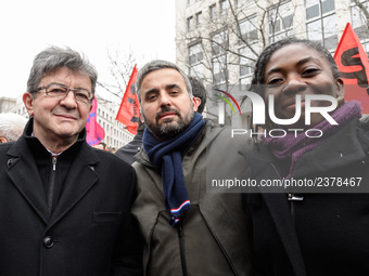 French far-left party La France Insoumise member of Parliament Jean-Luc Melenchon (L), alexis corbière (C) and Danielle Obono (R)  take part...