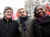 French far-left party La France Insoumise member of Parliament Jean-Luc Melenchon (L), alexis corbière (C) and Danielle Obono (R)  take part...