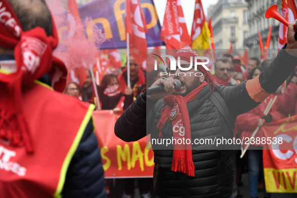 People marched through the streets of Paris during a demonstration called by French General Confederation of Labour (CGT) union on December...