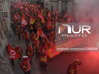 People during a demonstration called by French General Confederation of Labour (CGT) union on December 20, 2017 in Paris to protest against...