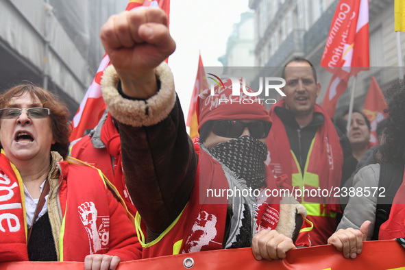 People during a demonstration called by French General Confederation of Labour (CGT) union on December 20, 2017 in Paris to protest against...