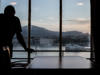 A pilgrim inside a cruise ship sees the city of Split, Croatia. Many italian pilgrims travel via cruise ship from Ancona, Italy to Split, Cr...