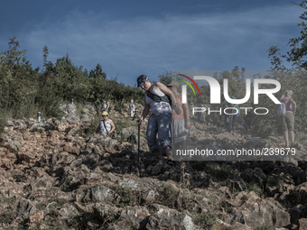 Pilgrims on a steep path that leads on the very place of the apparitions of Our Lady,  called Podbrdo and Apparition Hill. Almost one millio...