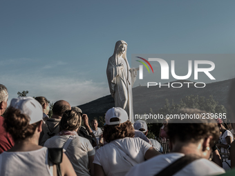 Statue of Virgin Mary on the the Apparition Hill, in Medjugorie. Almost one million people visit Medjugorje each year, where the Virgin Mary...