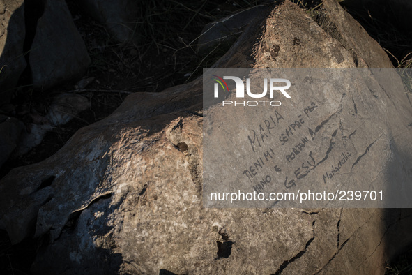 A message of pilgrim to Virgin Mary it's write on a stone in Apparition Hill, in Medjugorje. Almost one million people visit Medjugorje each...