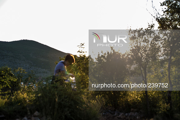 A woman on a steep path that leads on the very place of the apparitions of Our Lady,  called Podbrdo and Apparition Hill.Almost one million...