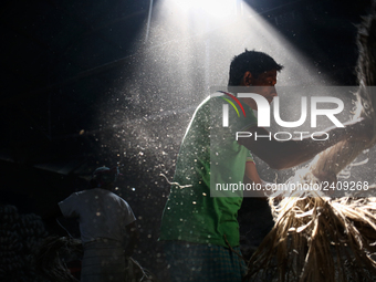 A jute worker works in a jute processing factory in Narayanganj, Bangladesh. January 7, 2018 (