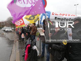 Demonstration organized by the Hospital Employees Union in front of the Poissy Medical Center, near Paris, on January 15, 2018  for the layi...