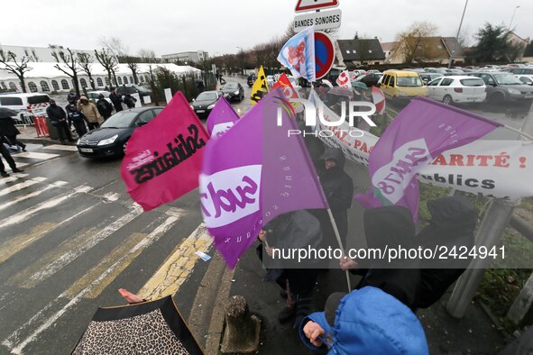 Demonstration organized by the Hospital Employees Union in front of the Poissy Medical Center, near Paris, on January 15, 2018  for the layi...