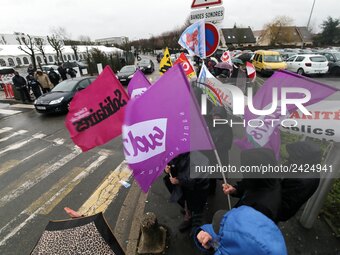 Demonstration organized by the Hospital Employees Union in front of the Poissy Medical Center, near Paris, on January 15, 2018  for the layi...