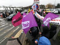 Demonstration organized by the Hospital Employees Union in front of the Poissy Medical Center, near Paris, on January 15, 2018  for the layi...