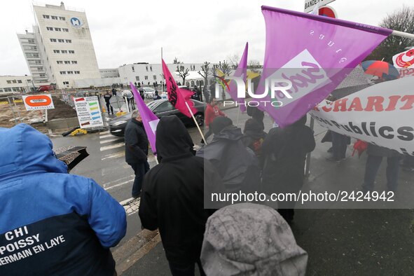 Demonstration organized by the Hospital Employees Union in front of the Poissy Medical Center, near Paris, on January 15, 2018  for the layi...