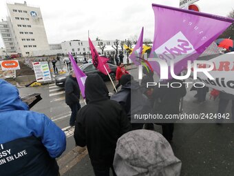 Demonstration organized by the Hospital Employees Union in front of the Poissy Medical Center, near Paris, on January 15, 2018  for the layi...