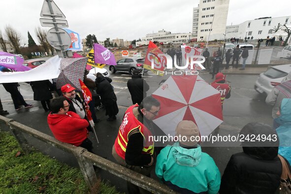 Demonstration organized by the Hospital Employees Union in front of the Poissy Medical Center, near Paris, on January 15, 2018  for the layi...